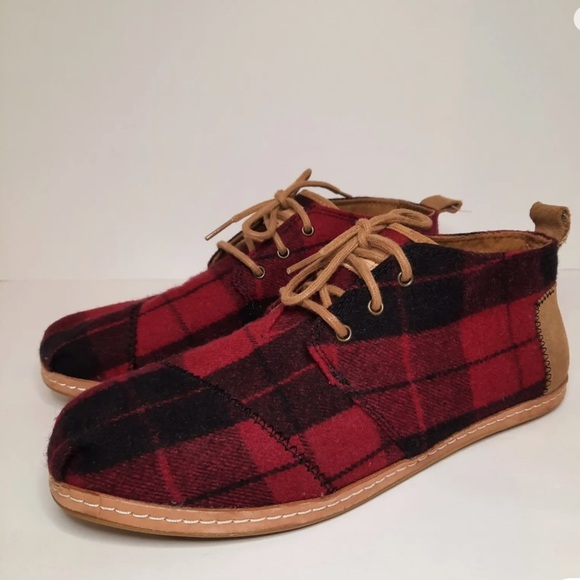 Toms Red And Black Buffalo Plaid Bota Desert Boot Leather Ankle Chukka Boots - Picture 2 of 16